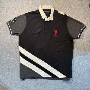 US Polo Assn Mens XXL Polo Shirt Black Gray Diagonal Stripe Colorblock